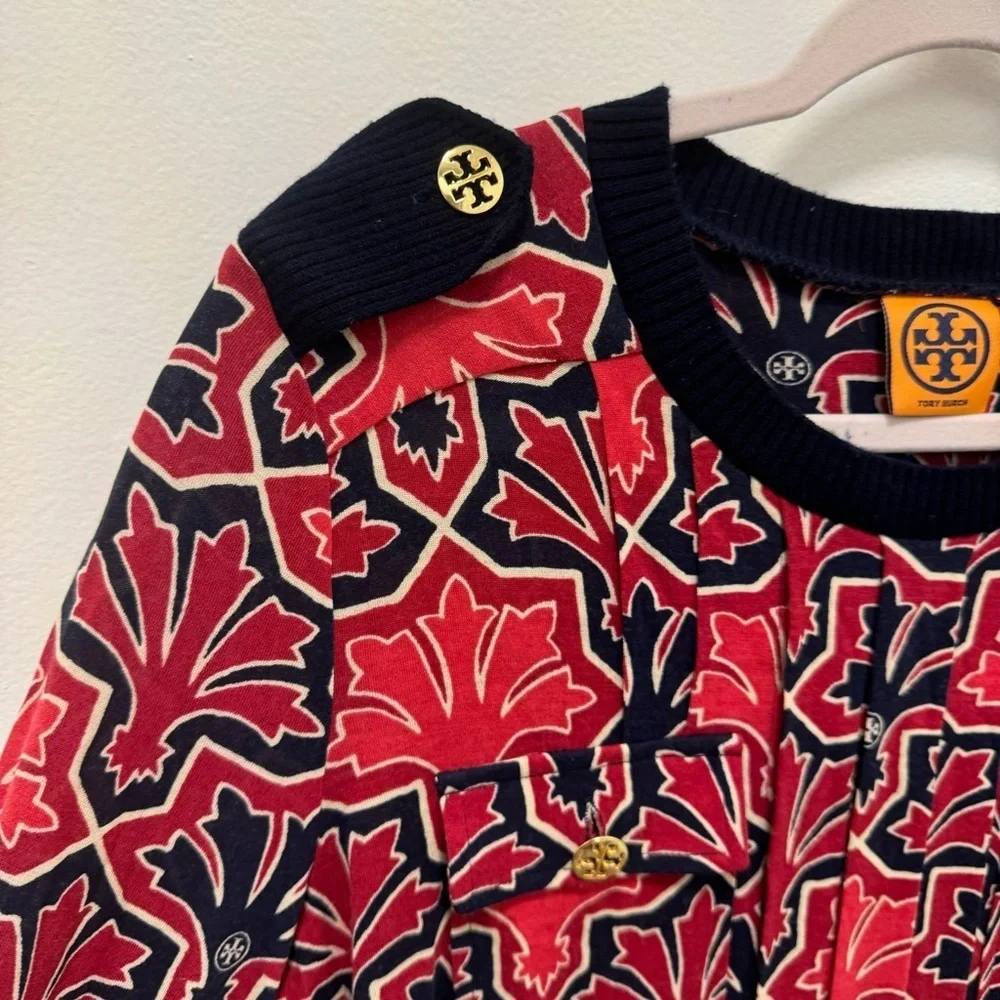 Tory‎ Burch Long Sleeve Pleated Ribbed Dress Women’s Medium Red Navy